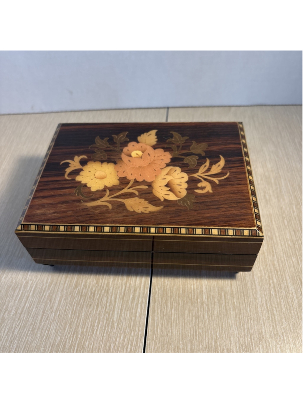 Vtg Italian Sorrento Inlaid Wood Music Box Floral Marquetry Jewelry Trinket 1054